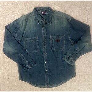 Vintage Bugle Boy Shirt Mens Large Blue Denim Button Snap Shirt 90s Retro